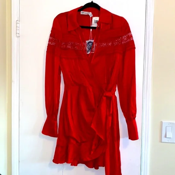 SELF-PORTRAIT Trimmed Wrap Red Dress - Picture 10 of 16